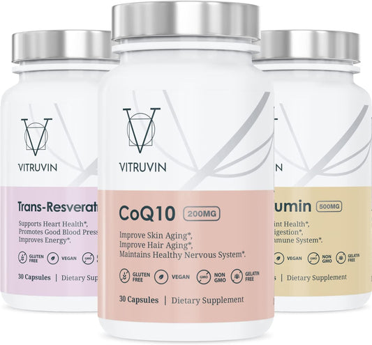 Vitruvin Beauty and Comfort Pack with COQ10, Trans-Resveratrol, and Curcumin for Skin, Heart, Joints, and Brain - Vegan, Non-GMO, Gluten-Free, Gelatin-Free