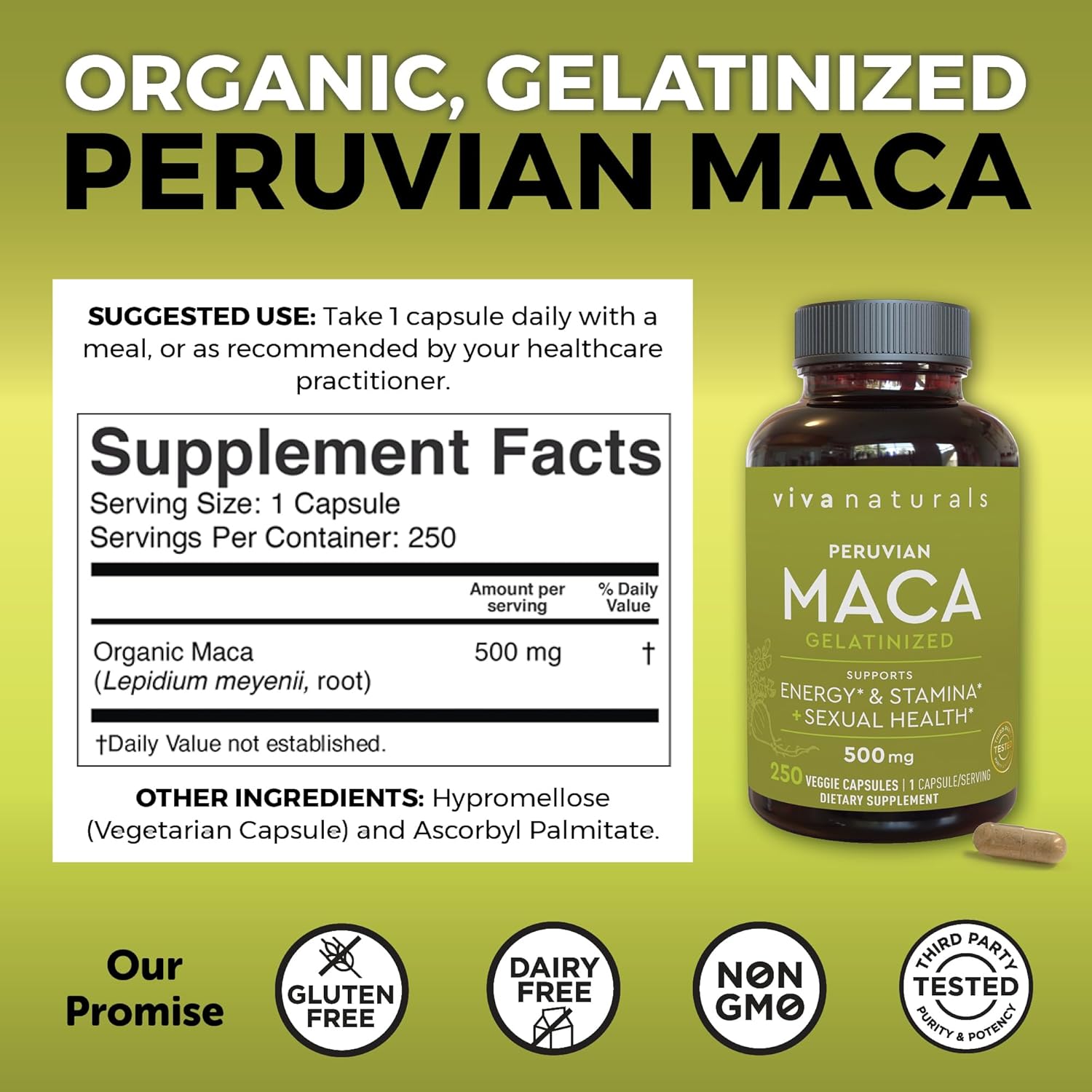 Viva Naturals Peruvian Maca Root Capsules for Sexual Well-Being & Stamina - 500mg - 250 Yellow Maca Powder Supplements