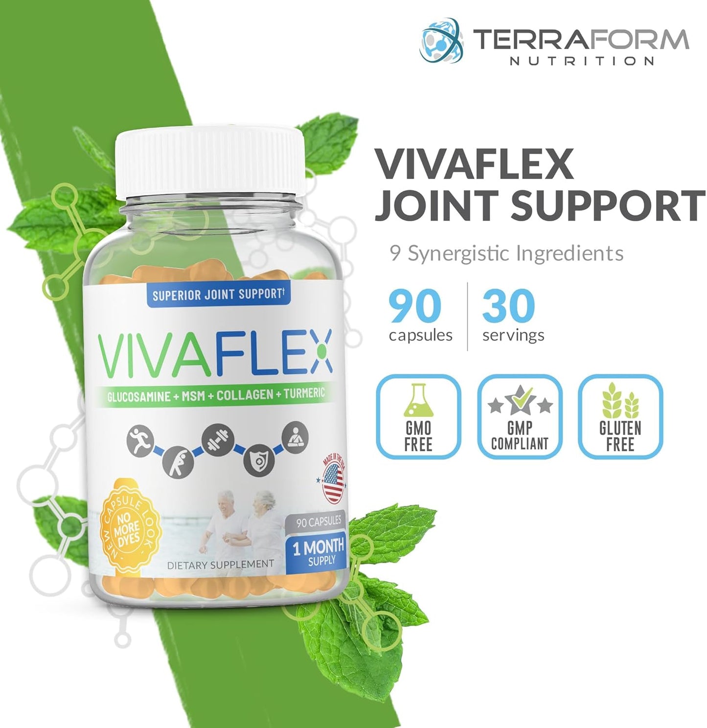 VivaFlex Joint Support Supplement with 9 Premium Ingredients for 1 Month - TerraForm Nutrition