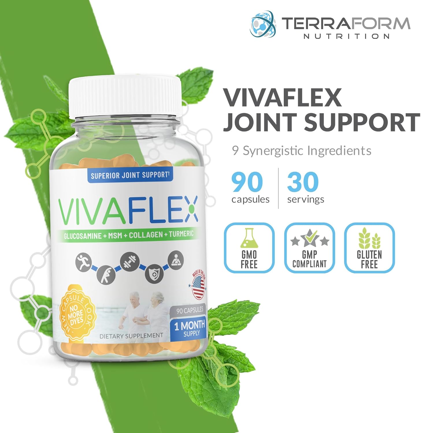VivaFlex Joint Support Supplement with 9 Premium Ingredients for 1 Month - TerraForm Nutrition
