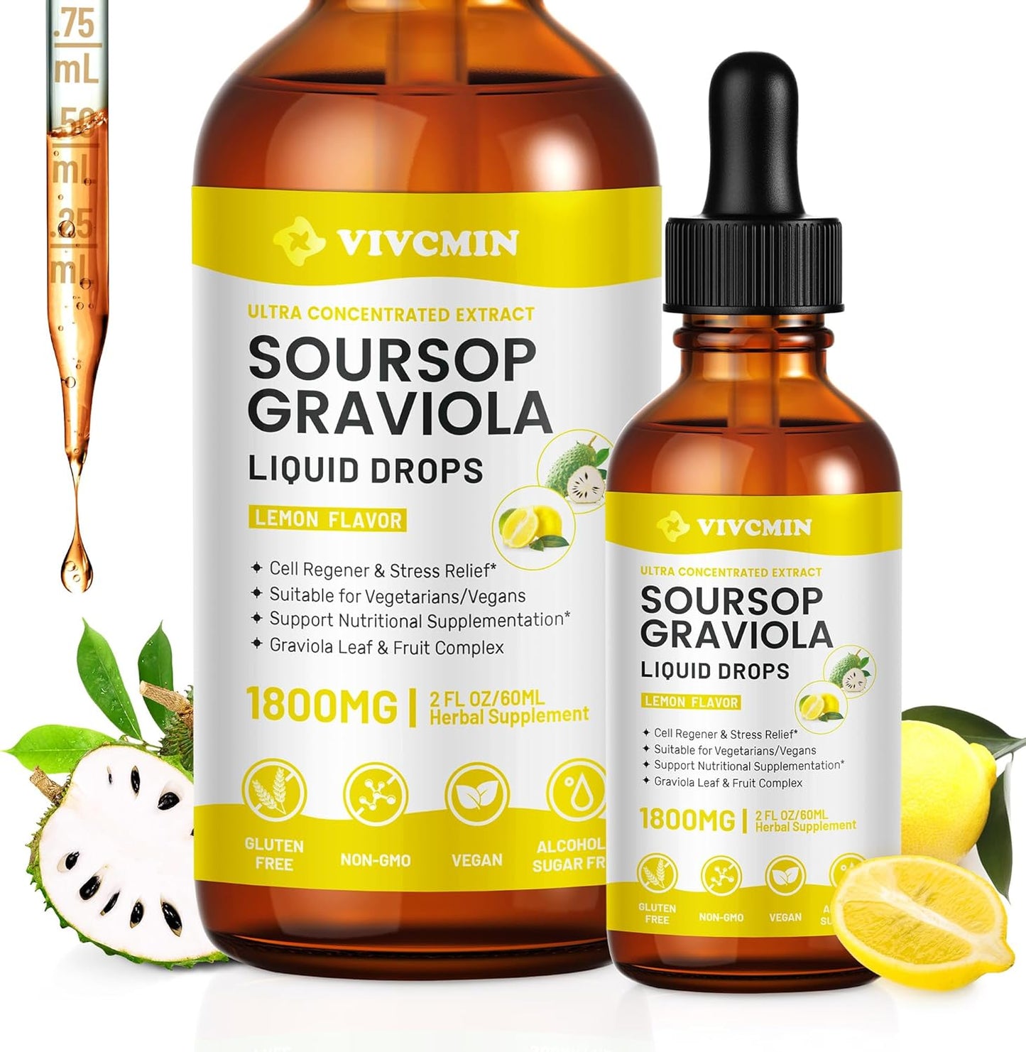 Vivcmin Graviola Soursop Leaf Extract Liquid - Immune Boost with Soursop Bitters, Liver Support, Lemon Flavor, 2 Fl Oz