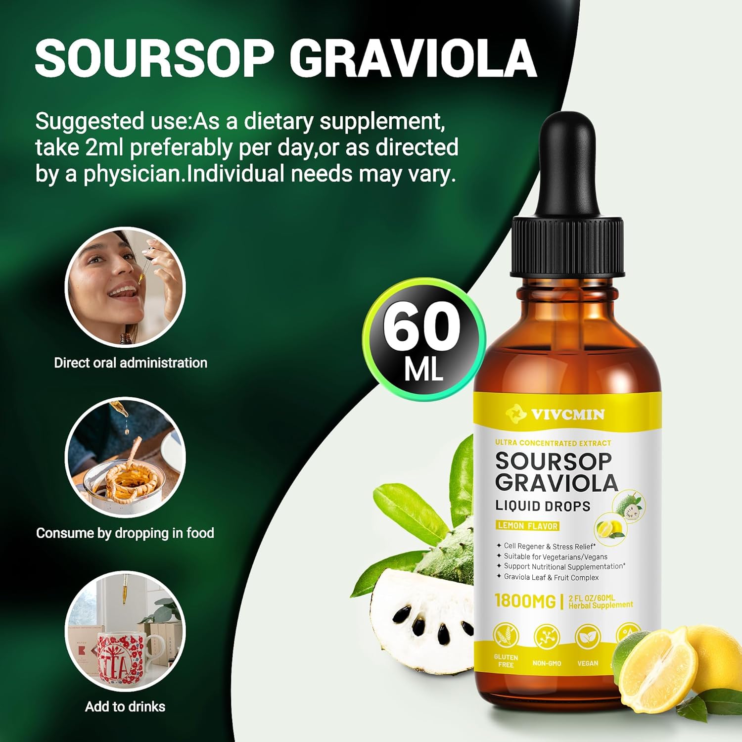 Vivcmin Graviola Soursop Leaf Extract Liquid - Immune Boost with Soursop Bitters, Liver Support, Lemon Flavor, 2 Fl Oz