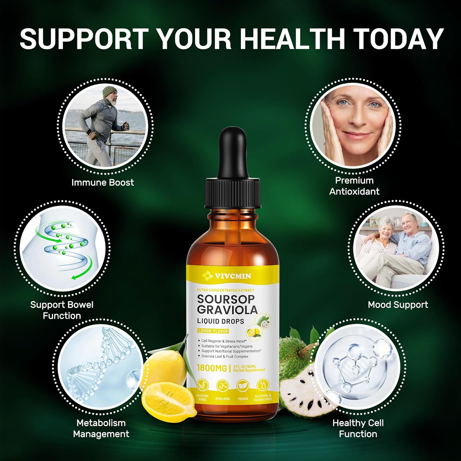 Vivcmin Graviola Soursop Leaf Extract Liquid - Immune Boost with Soursop Bitters, Liver Support, Lemon Flavor, 2 Fl Oz