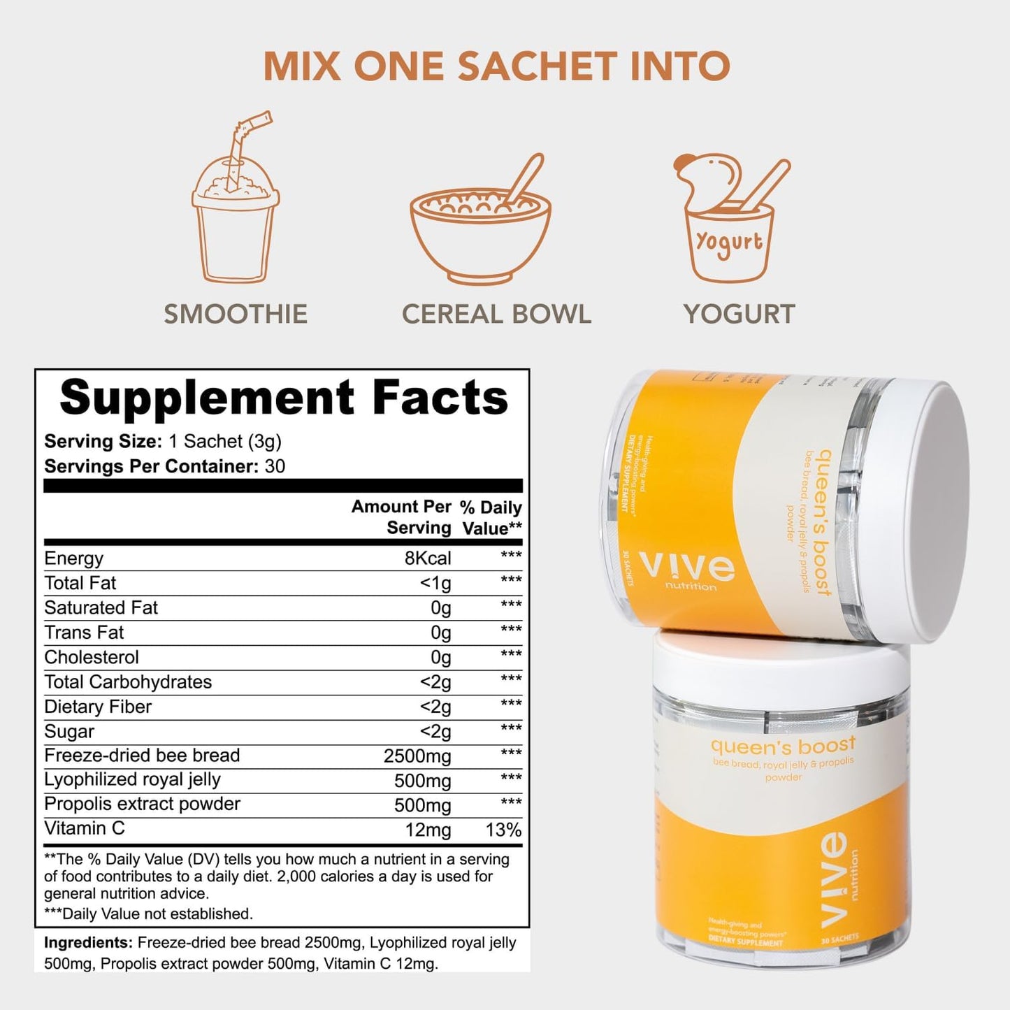 VIVE NUTRITION Queen's Boost Powder - Sugar-Free Bee Bread, Royal Jelly & Propolis with Vitamin C - Non-GMO Immune Support & Energy - 30 Sachets