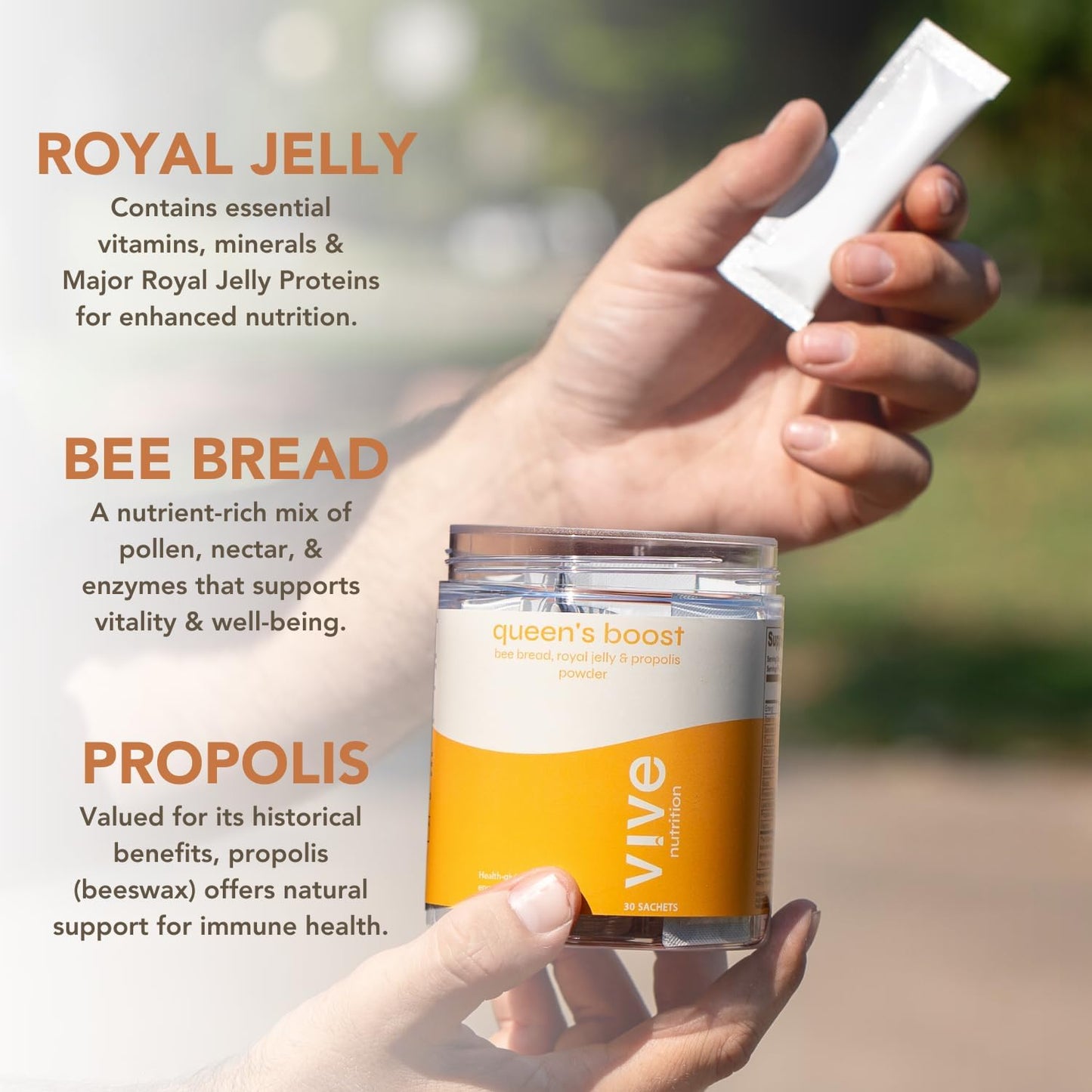VIVE NUTRITION Queen's Boost Powder - Sugar-Free Bee Bread, Royal Jelly & Propolis with Vitamin C - Non-GMO Immune Support & Energy - 30 Sachets