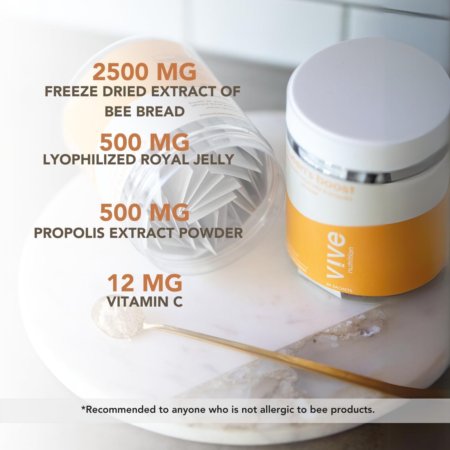 VIVE NUTRITION Queen's Boost Powder - Sugar-Free Bee Bread, Royal Jelly & Propolis with Vitamin C - Non-GMO Immune Support & Energy - 30 Sachets