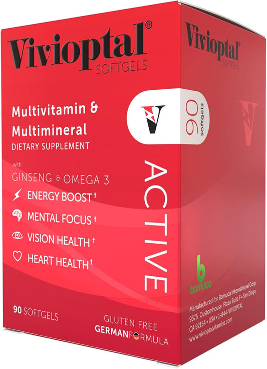 Vivioptal Active Multivitamin & Multimineral Softgels with Ginseng & Omega 3 - 90 Count, Gluten Free Formula from Germany