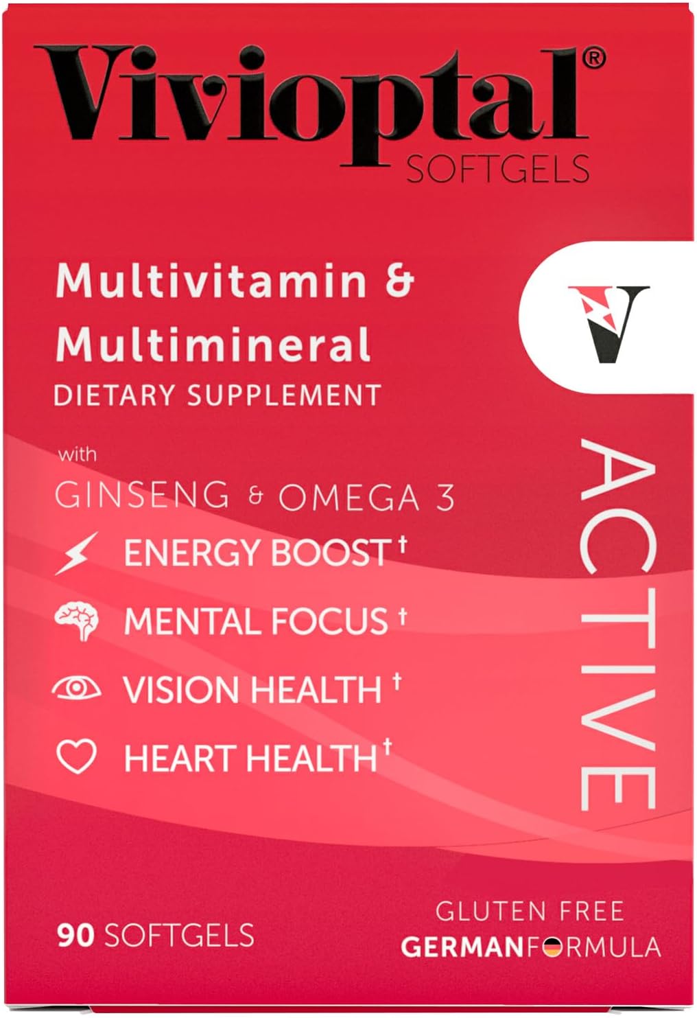 Vivioptal Active Multivitamin & Multimineral Softgels with Ginseng & Omega 3 - 90 Count, Gluten Free Formula from Germany