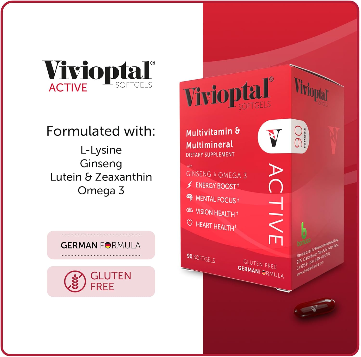Vivioptal Active Multivitamin & Multimineral Softgels with Ginseng & Omega 3 - 90 Count, Gluten Free Formula from Germany