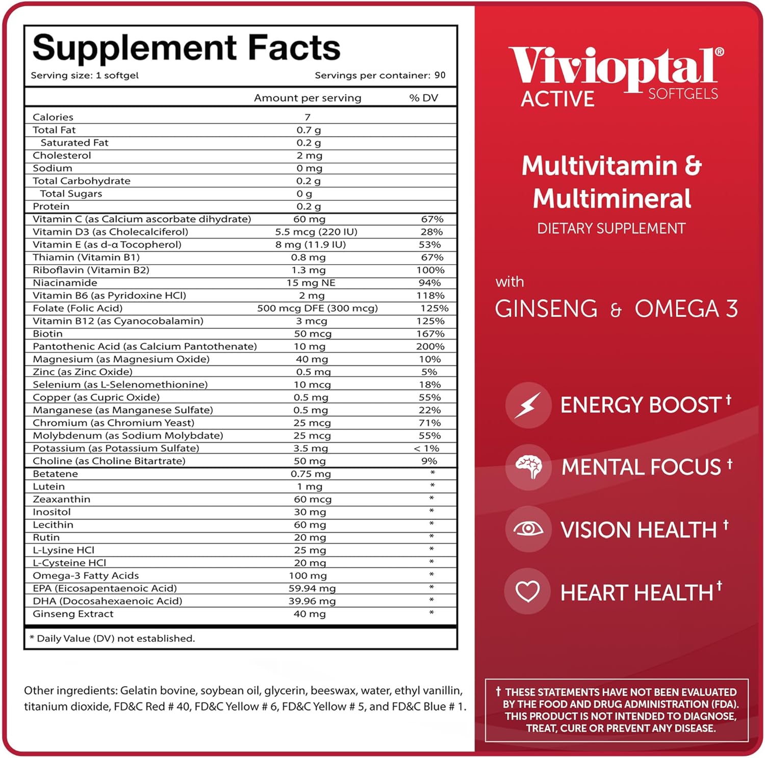 Vivioptal Active Multivitamin & Multimineral Softgels with Ginseng & Omega 3 - 90 Count, Gluten Free Formula from Germany