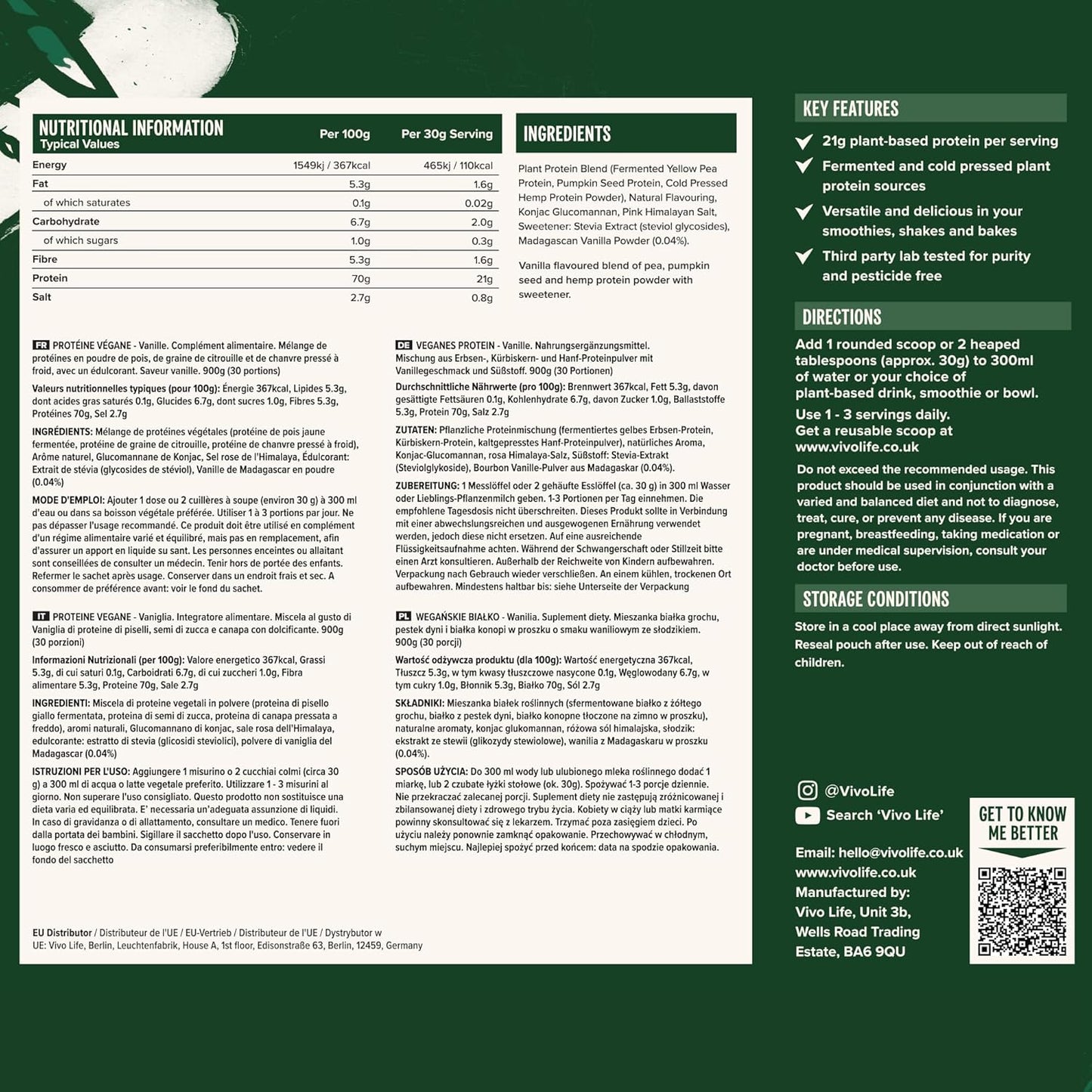 Vivo Life Vanilla Vegan Protein Powder - 30 Servings, 0.7 oz Plant-Based Protein per Scoop