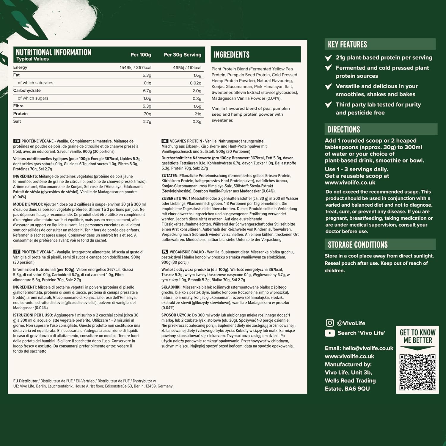 Vivo Life Vanilla Vegan Protein Powder - 30 Servings, 0.7 oz Plant-Based Protein per Scoop