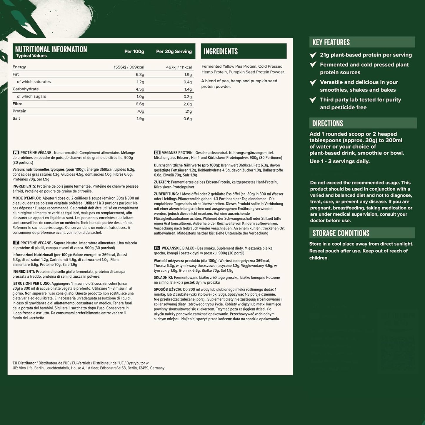 Vivo Life Vegan Protein Powder: Unflavored Plant-Based Protein Supplement - 30 Servings