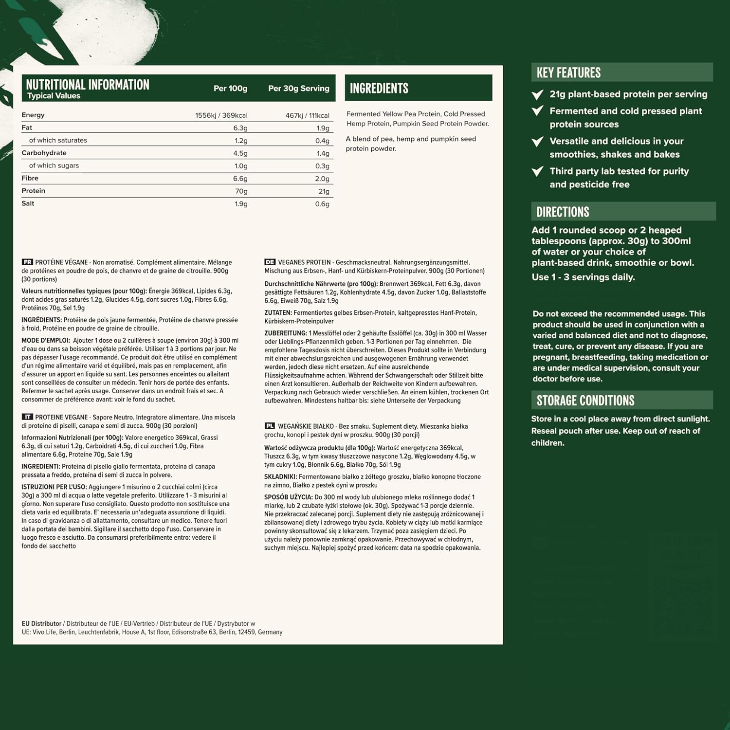 Vivo Life Vegan Protein Powder: Unflavored Plant-Based Protein Supplement - 30 Servings