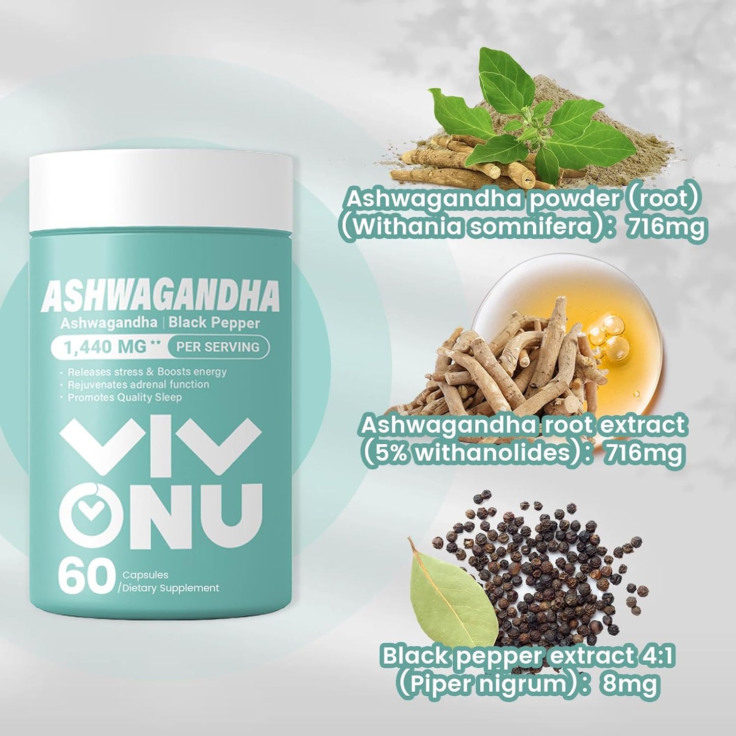 VivoNu Ashwagandha Capsules with KSM-66 Extract & Black Pepper | Stress Relief, Energy Boost, Sleep Aid | 60 Count Vegan Capsules