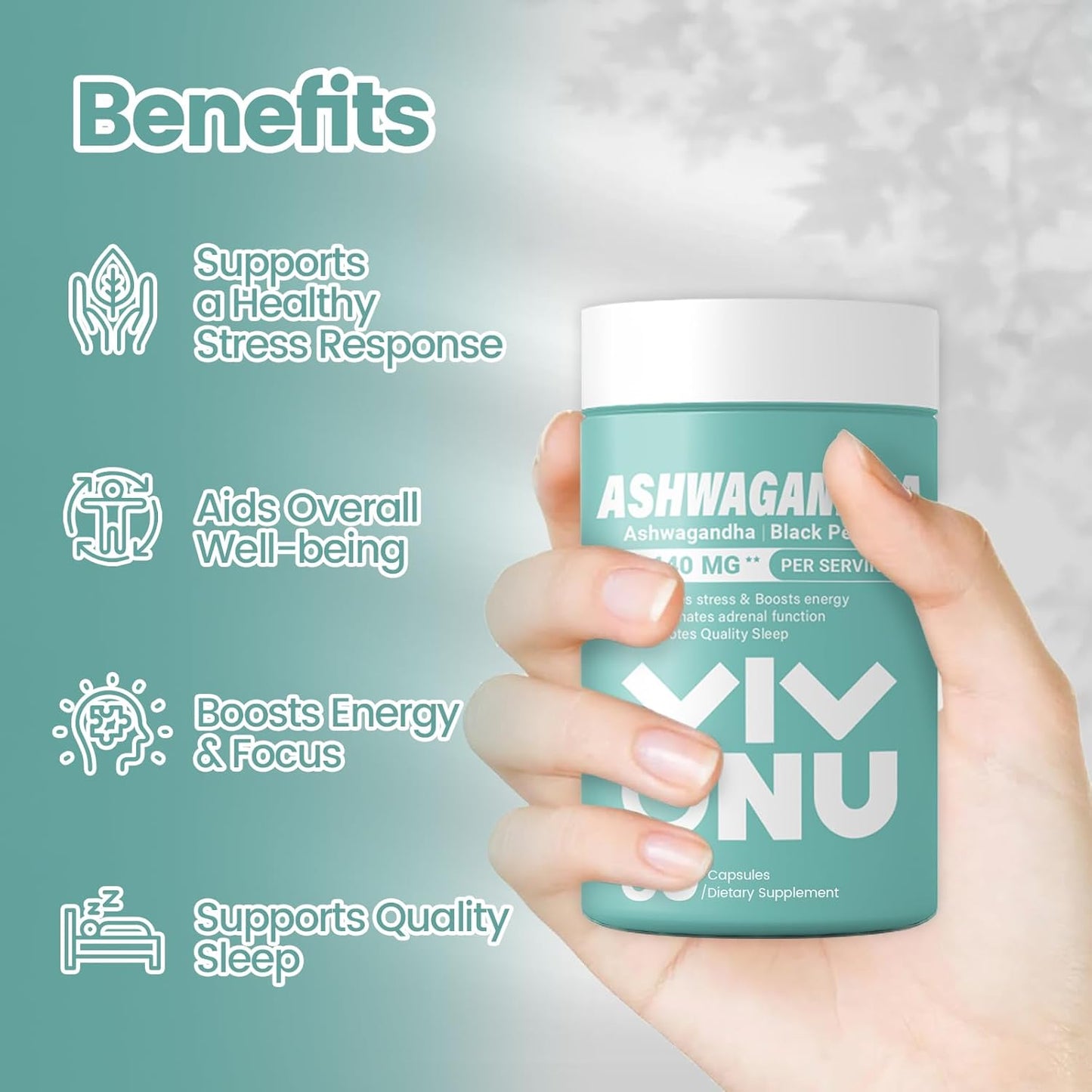 VivoNu Ashwagandha Capsules with KSM-66 Extract & Black Pepper | Stress Relief, Energy Boost, Sleep Aid | 60 Count Vegan Capsules