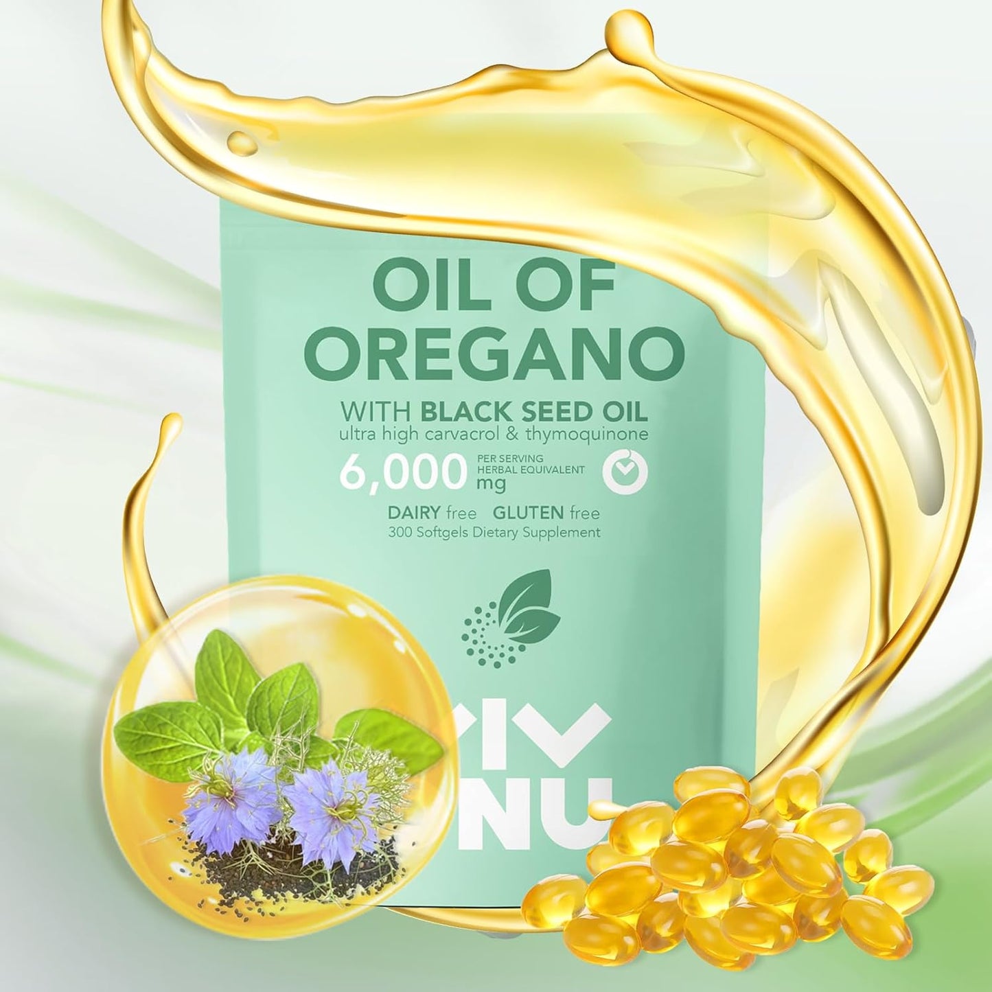 VivoNu Oil of Oregano Capsules with Vitamin D3 10000 iu, K2 (MK-7), and Coconut Oil Softgels - 300 Count