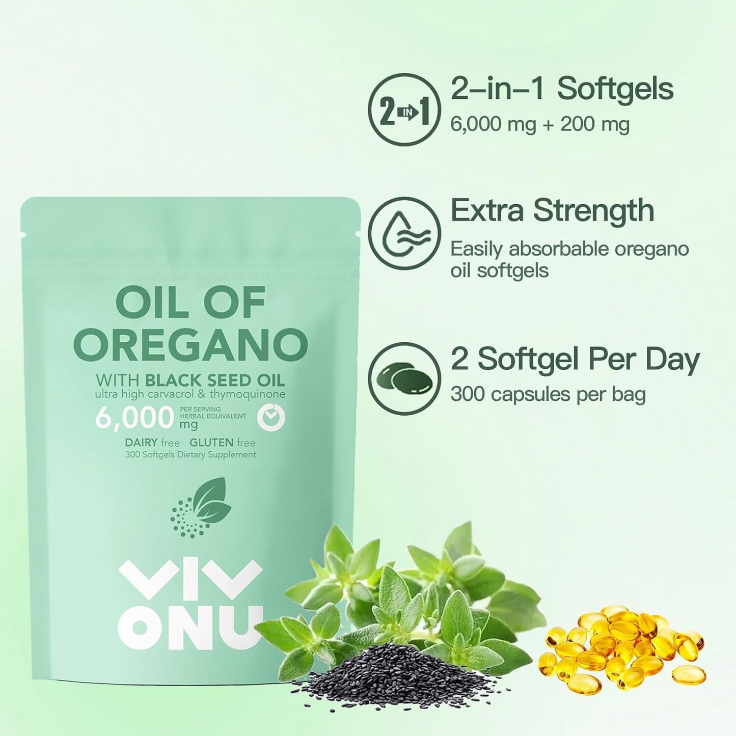 VivoNu Oil of Oregano Capsules with Vitamin D3 10000 iu, K2 (MK-7), and Coconut Oil Softgels - 300 Count