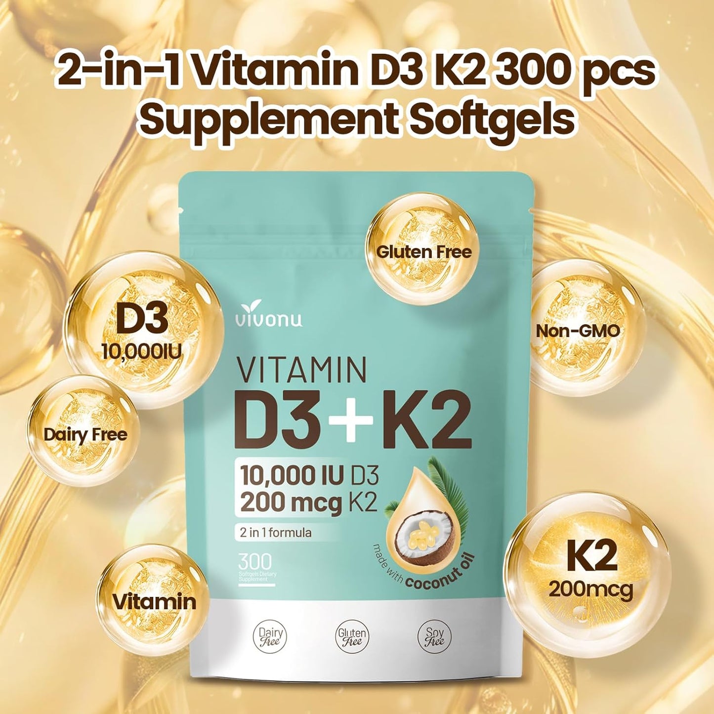 VivoNu Oil of Oregano Capsules with Vitamin D3 10000 iu, K2 (MK-7), and Coconut Oil Softgels - 300 Count