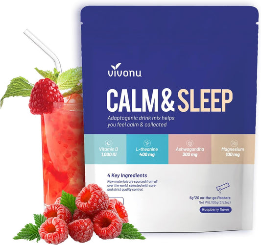 VivoNu Raspberry Calm & Sleep Drink Mix with Theanine, Ashwagandha, Magnesium, and Vitamin D3 for Relaxation & Focus