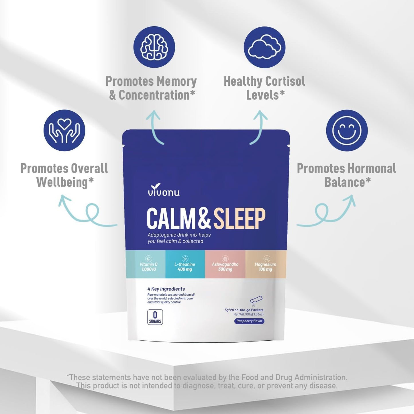 VivoNu Raspberry Calm & Sleep Drink Mix with Theanine, Ashwagandha, Magnesium, and Vitamin D3 for Relaxation & Focus