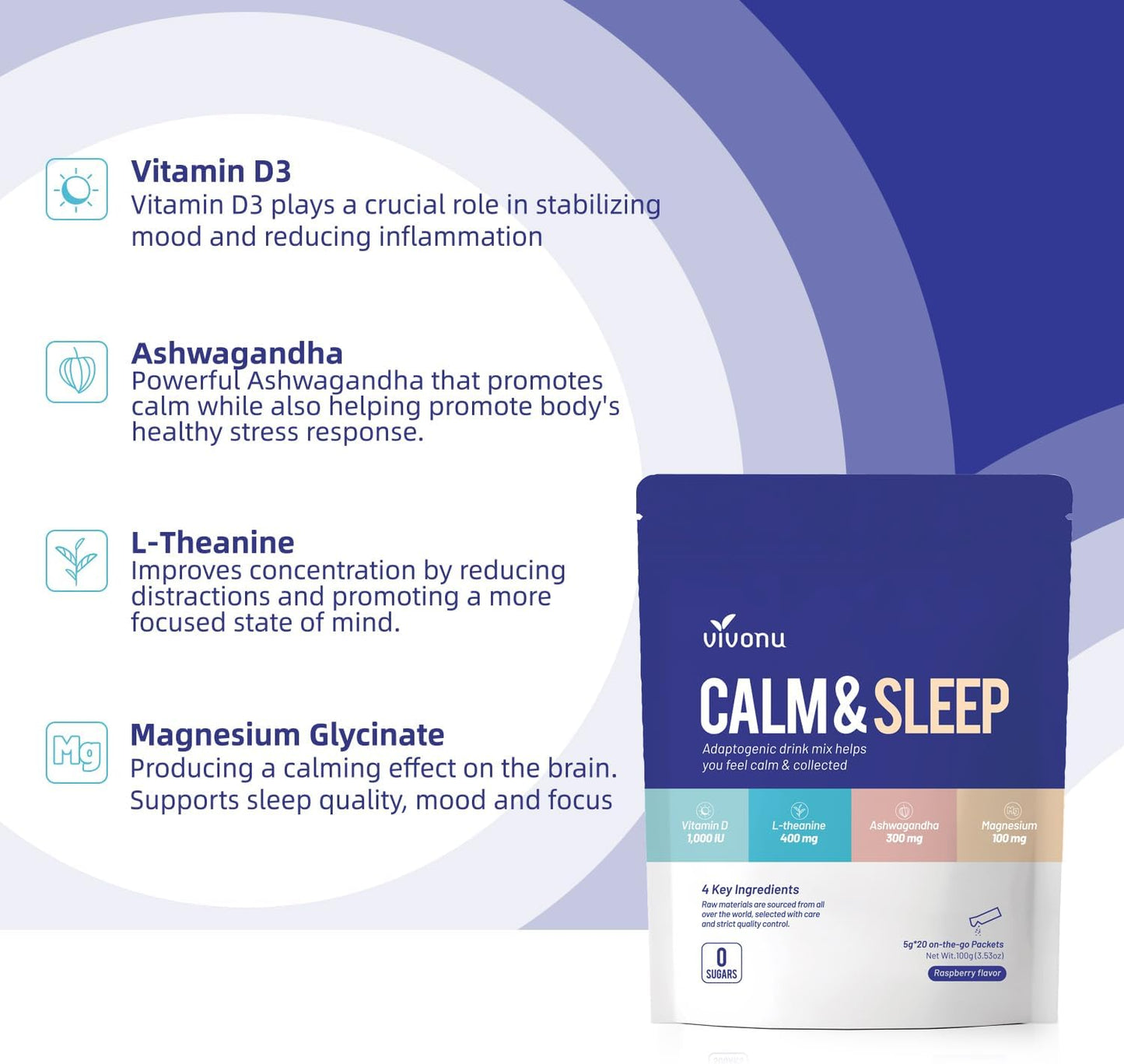 VivoNu Raspberry Calm & Sleep Drink Mix with Theanine, Ashwagandha, Magnesium, and Vitamin D3 for Relaxation & Focus