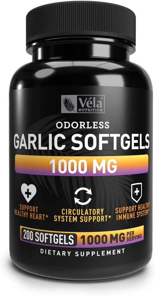 Véla Odorless Garlic 1000mg Supplement for Heart Health, Circulation & Immune System - 200 Capsules, GMP Certified