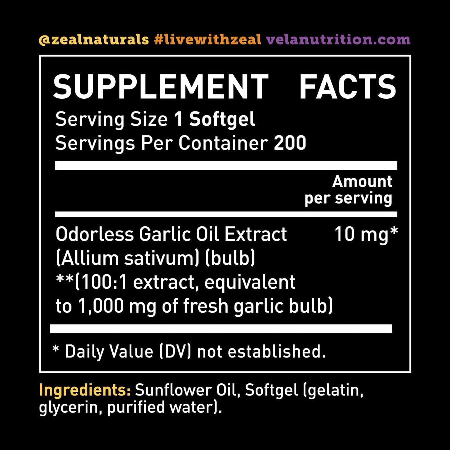 Véla Odorless Garlic 1000mg Supplement for Heart Health, Circulation & Immune System - 200 Capsules, GMP Certified