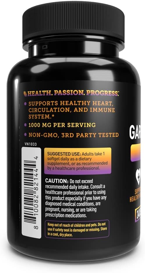 Véla Odorless Garlic 1000mg Supplement for Heart Health, Circulation & Immune System - 200 Capsules, GMP Certified