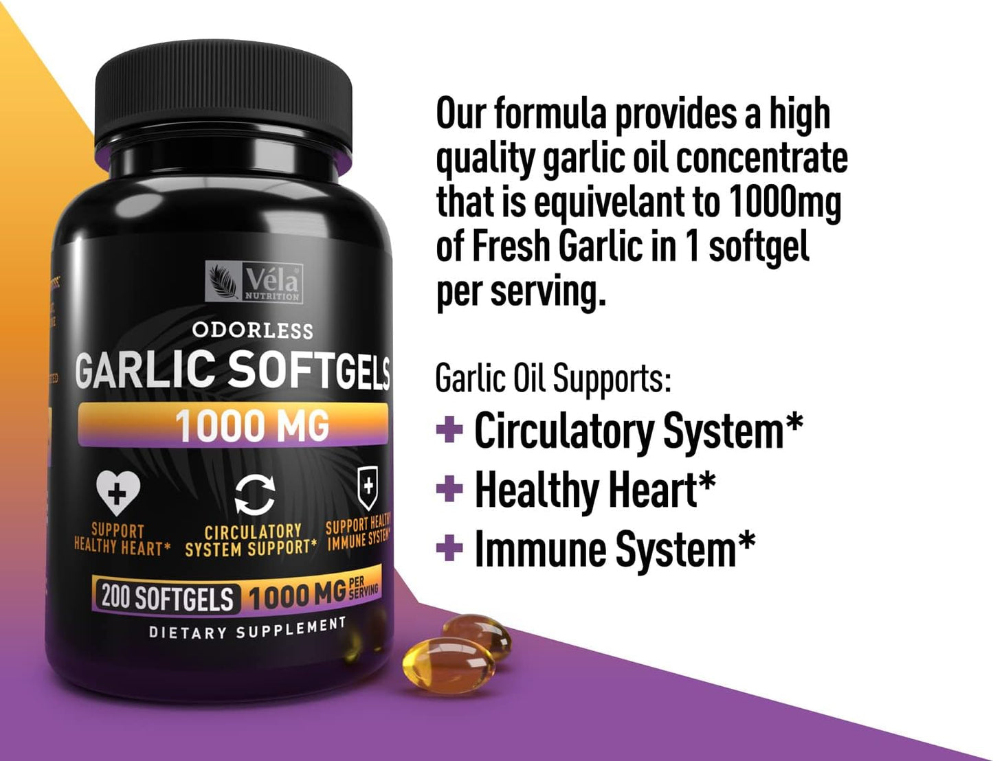 Véla Odorless Garlic 1000mg Supplement for Heart Health, Circulation & Immune System - 200 Capsules, GMP Certified