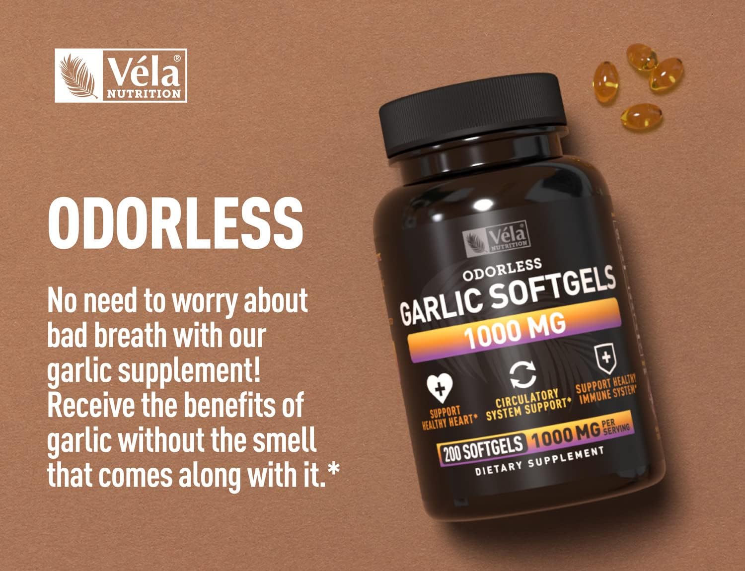 Véla Odorless Garlic 1000mg Supplement for Heart Health, Circulation & Immune System - 200 Capsules, GMP Certified