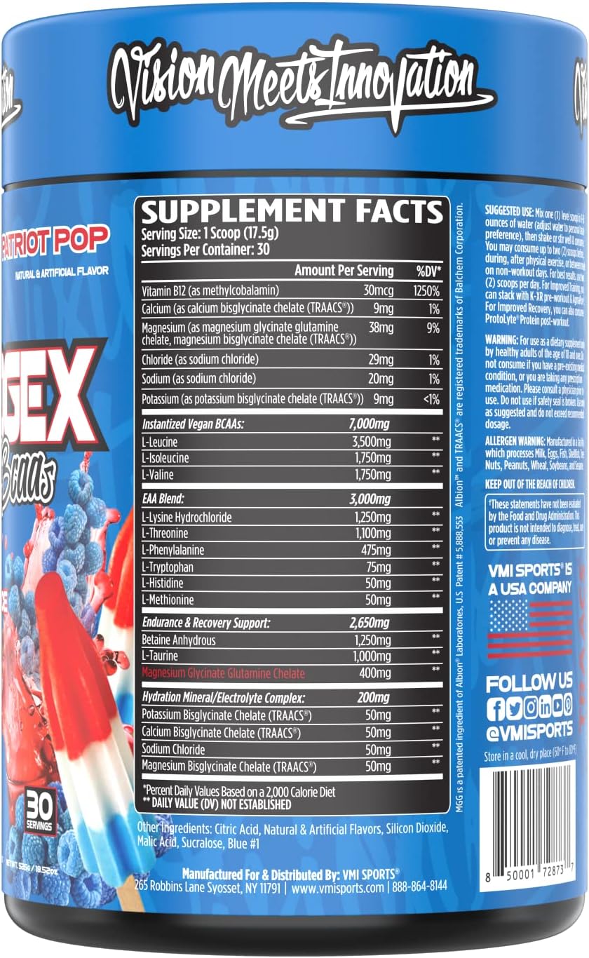 VMI Sports Aminogex Ultra BCAA Powder with Betaine, Glutamine, and Electrolytes for Post-Workout Recovery (30 Servings, Patriot Pop)