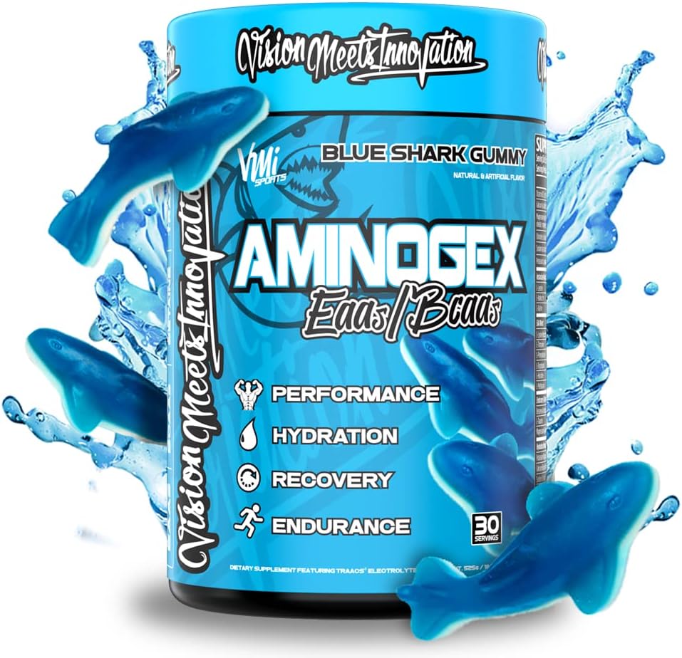VMI Sports Aminogex Ultra: EAA + BCAA Powder for Recovery and Hydration (Blue Shark Gummy Flavor) - 30 Servings