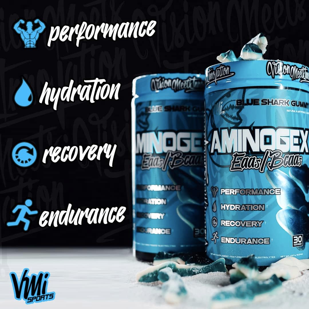 VMI Sports Aminogex Ultra: EAA + BCAA Powder for Recovery and Hydration (Blue Shark Gummy Flavor) - 30 Servings