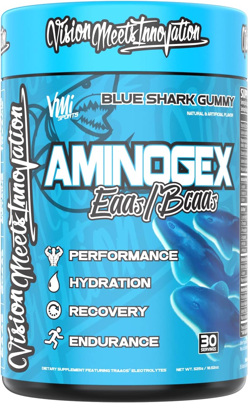 VMI Sports Aminogex Ultra: EAA + BCAA Powder for Recovery and Hydration (Blue Shark Gummy Flavor) - 30 Servings