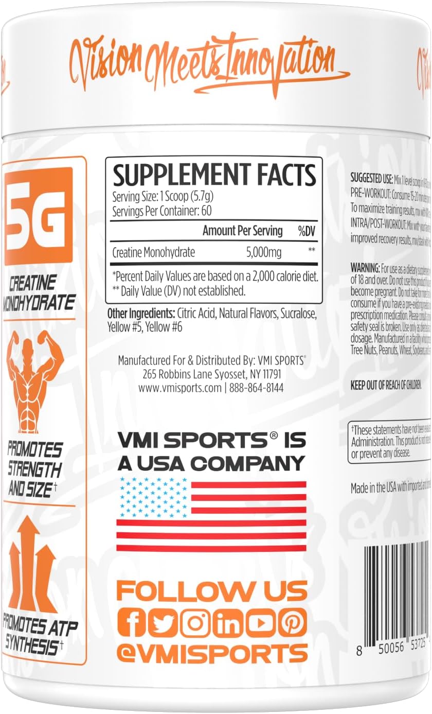 VMI Sports Creatine Monohydrate Powder: Peach Mango Rings Flavor, 5g per Serving, 60 Servings for Muscle Mass, Strength, Size, Power