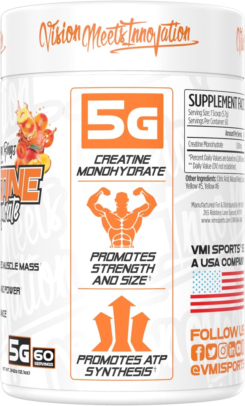 VMI Sports Creatine Monohydrate Powder: Peach Mango Rings Flavor, 5g per Serving, 60 Servings for Muscle Mass, Strength, Size, Power