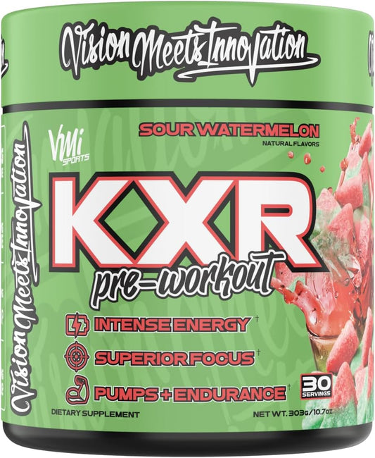 VMI Sports K-XR Energy Powder - Intense Pre-Workout Drink for Men and Women - Creatine Free - Enhanced Performance and Focus - Sour Watermelon Flavor - 30 Servings