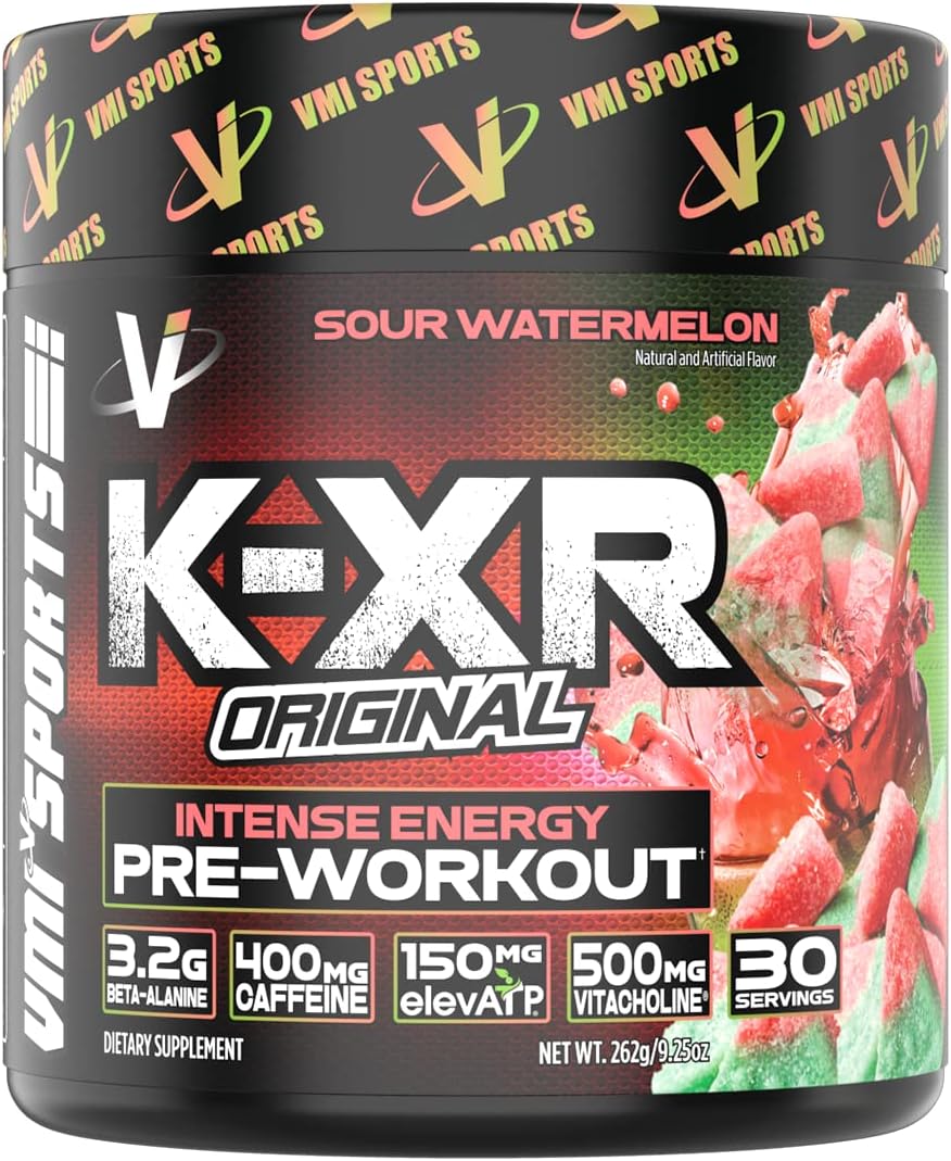 VMI Sports K-XR Energy Powder - Intense Pre-Workout Drink for Men and Women - Creatine Free - Enhanced Performance and Focus - Sour Watermelon Flavor - 30 Servings