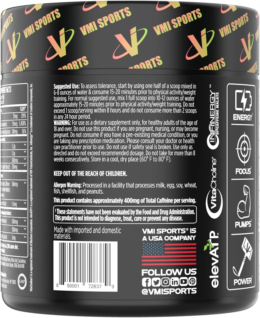 VMI Sports K-XR Energy Powder - Intense Pre-Workout Drink for Men and Women - Creatine Free - Enhanced Performance and Focus - Sour Watermelon Flavor - 30 Servings