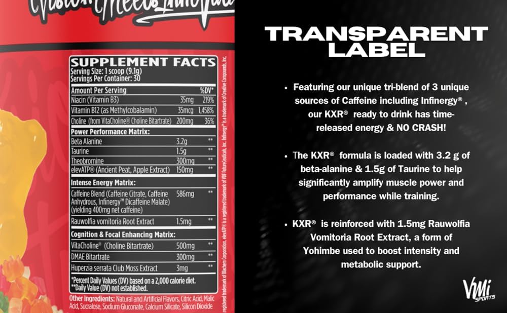 VMI Sports K-XR Pre-Workout Energy Powder - Creatine-Free Drink for Intense Energy, Focus, and Endurance - 30 Servings