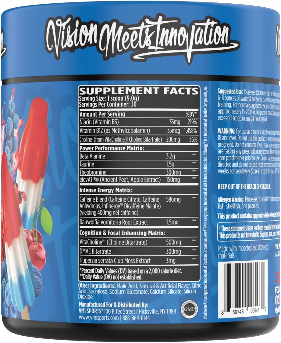 VMI Sports K-XR Pre-Workout Energy Powder - Intense Energy Drink for Men and Women - Creatine Free - Boosts Performance and Focus - 30 Servings - Patriot Pop Flavor