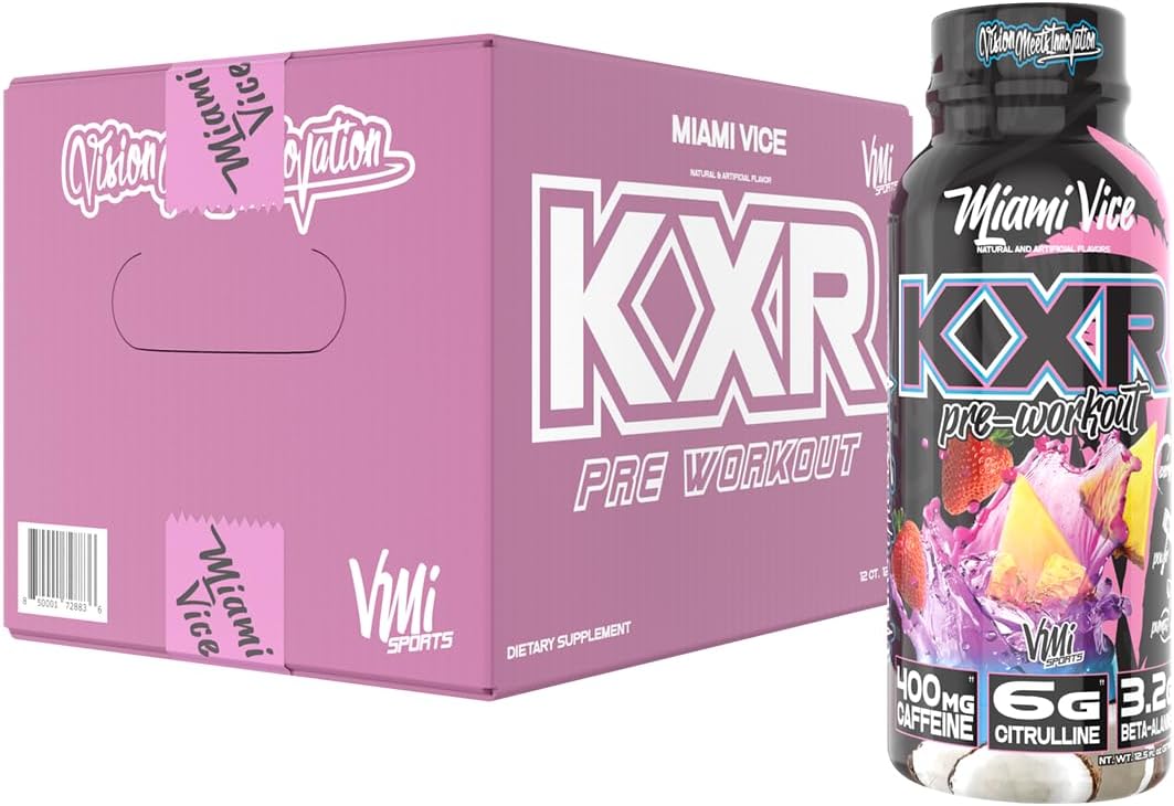 VMI Sports KXR High Stimulant Pre-Workout Energy Drink with 400mg Caffeine, 6g Citrulline, 3.2g Beta-Alanine - Miami Vice Flavor - 12.5 oz Bottles - Pack of 12