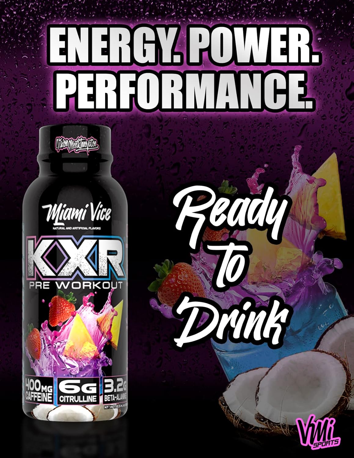 VMI Sports KXR High Stimulant Pre-Workout Energy Drink with 400mg Caffeine, 6g Citrulline, 3.2g Beta-Alanine - Miami Vice Flavor - 12.5 oz Bottles - Pack of 12
