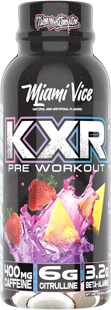 VMI Sports KXR High Stimulant Pre-Workout Energy Drink with 400mg Caffeine, 6g Citrulline, 3.2g Beta-Alanine - Miami Vice Flavor - 12.5 oz Bottles - Pack of 12
