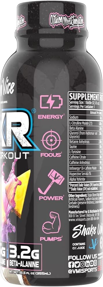 VMI Sports KXR High Stimulant Pre-Workout Energy Drink with 400mg Caffeine, 6g Citrulline, 3.2g Beta-Alanine - Miami Vice Flavor - 12.5 oz Bottles - Pack of 12