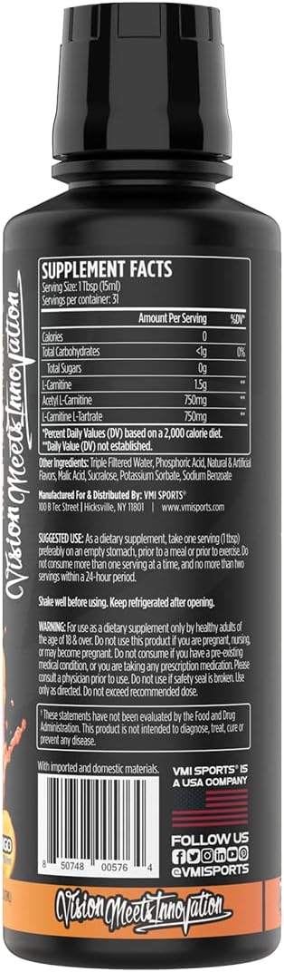 VMI Sports L-Carnitine 3000 Liquid Supplement - 3000mg Carnitine, Zero Calorie, Zero Sugar, Keto Friendly Peach Mango Flavor - 31 Servings, 16 fl. oz. for Men and Women