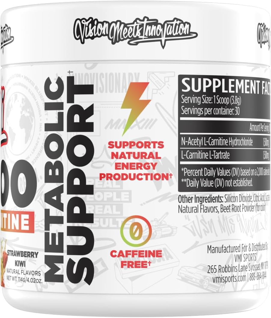 VMI Sports L-Carnitine 3000 Powder - Metabolic Support Formula - Strawberry Kiwi Flavor - 30 Servings
