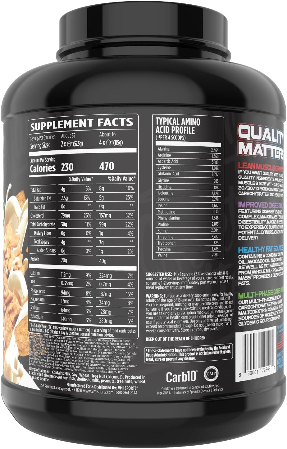 VMI Sports Major Mass Lean Mass Gainer Protein Powder for Muscle Gain - Cinnamon Crunch Flavor - 4 Pounds