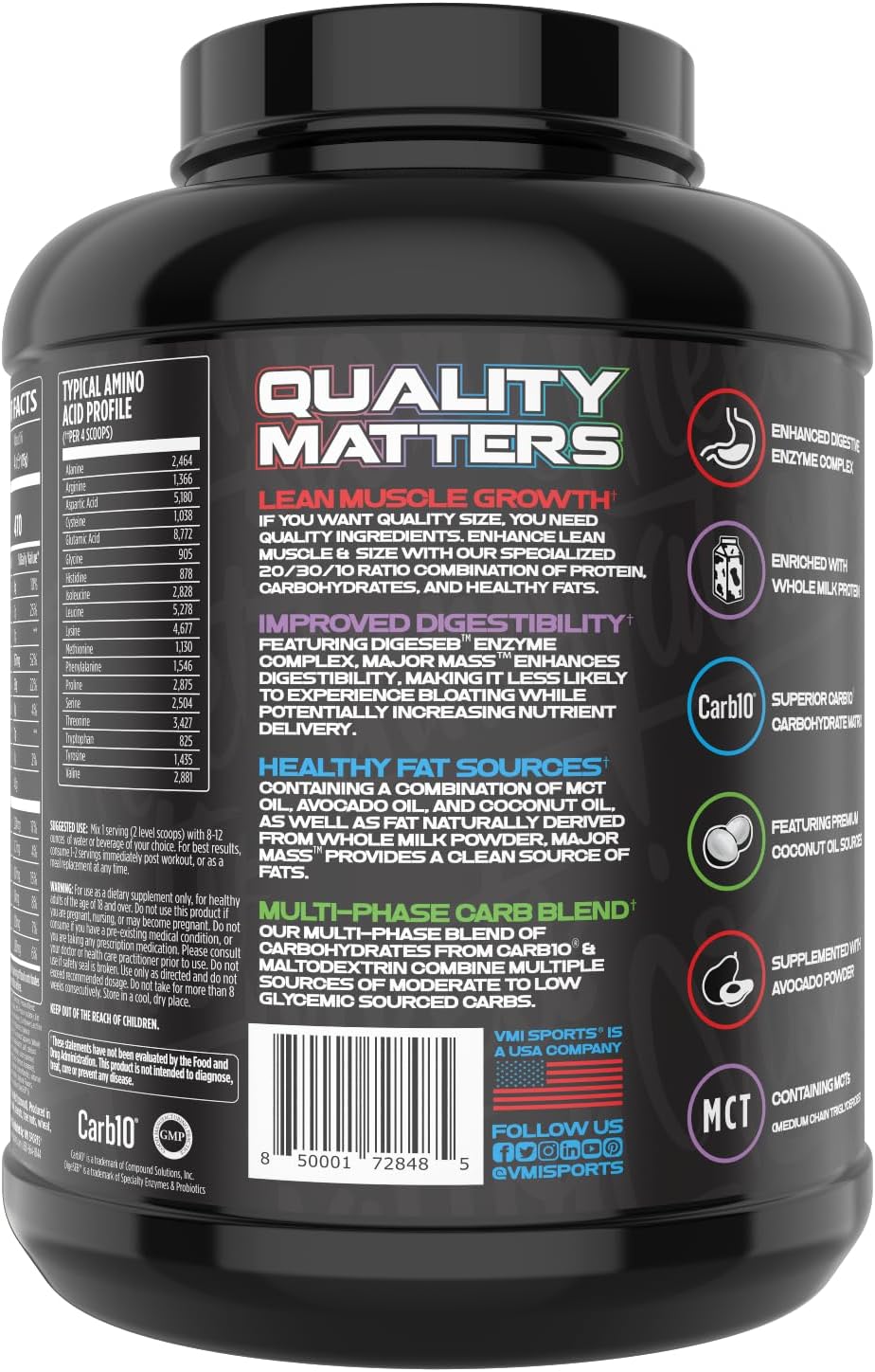 VMI Sports Major Mass Lean Mass Gainer Protein Powder for Muscle Gain - Cinnamon Crunch Flavor - 4 Pounds